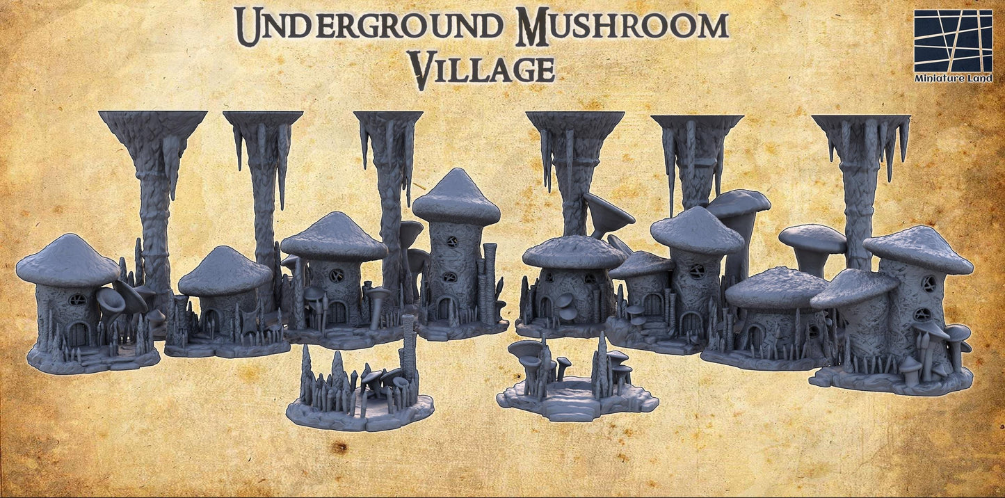 Underground Mushroom Village - Tabletop Terrain - 28 MM, Tabletop 3D Printed Terrain by MiniatureLand, Perfect for Wargaming and RPGs