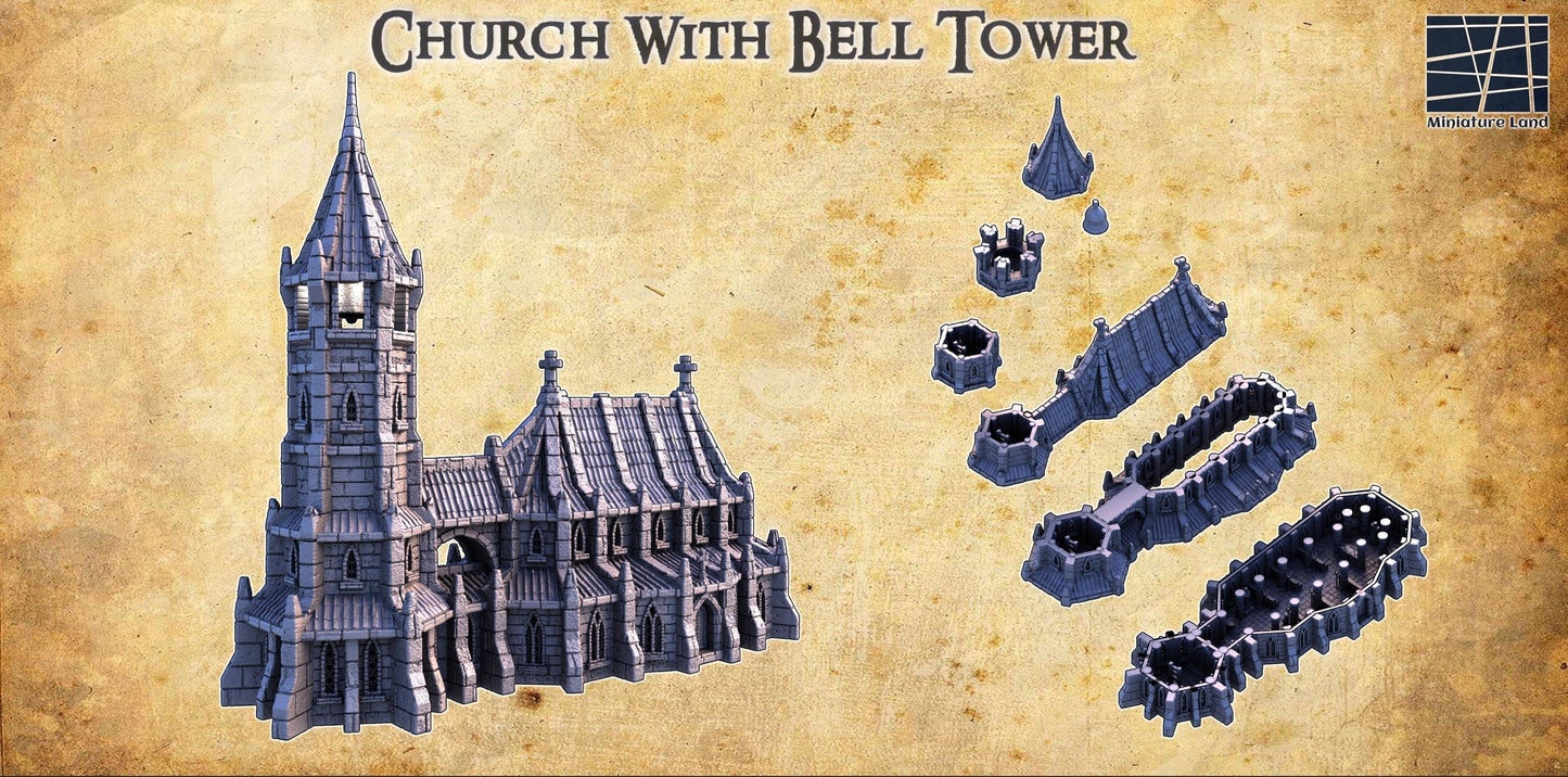 Church With Bell Tower - Tabletop Terrain - 28 MM, Tabletop 3D Printed Terrain by MiniatureLand, Perfect for Wargaming and RPGs