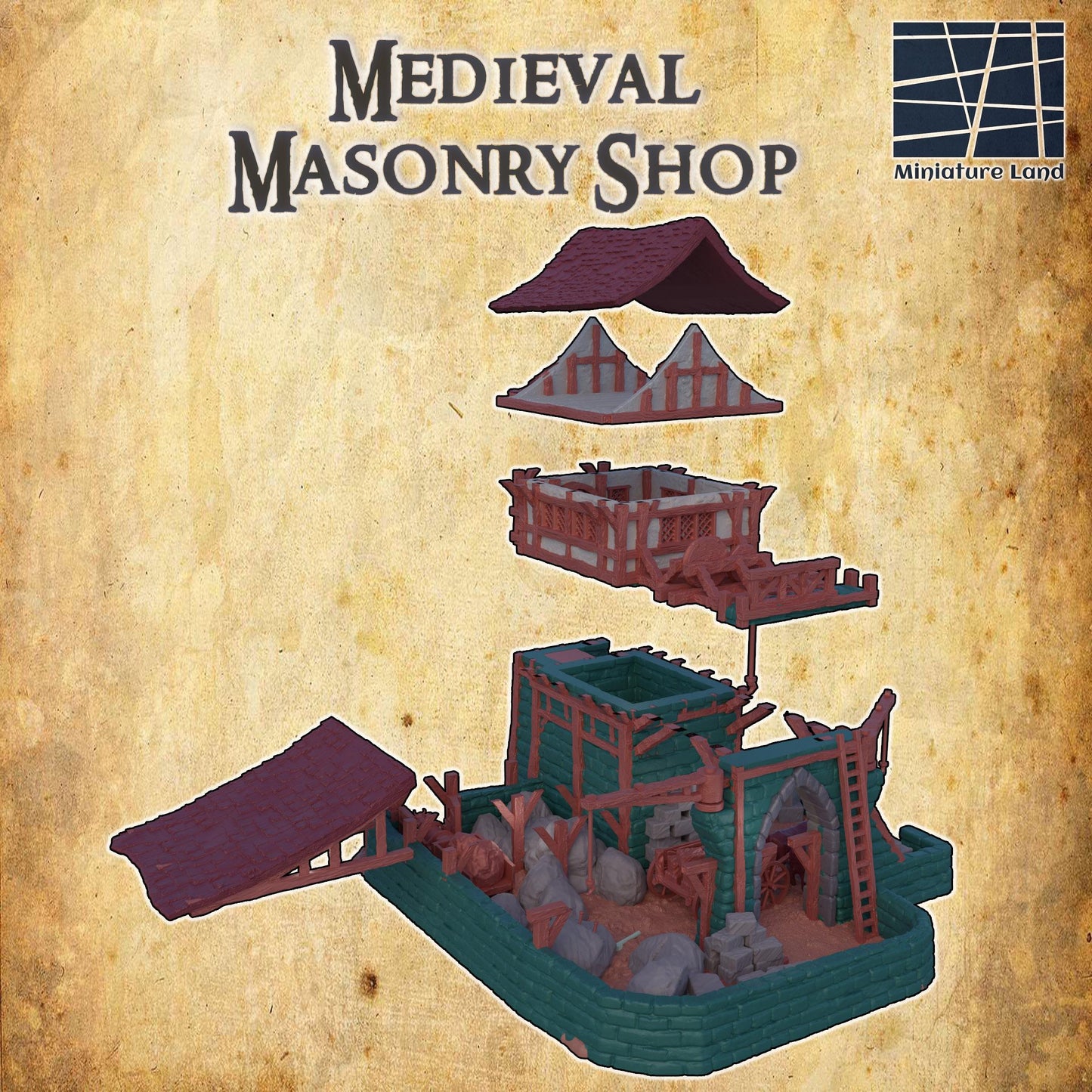 Medieval Masonry Shop - Tabletop Terrain - 28 MM, Tabletop 3D Printed Terrain by MiniatureLand, Perfect for Wargaming and RPGs