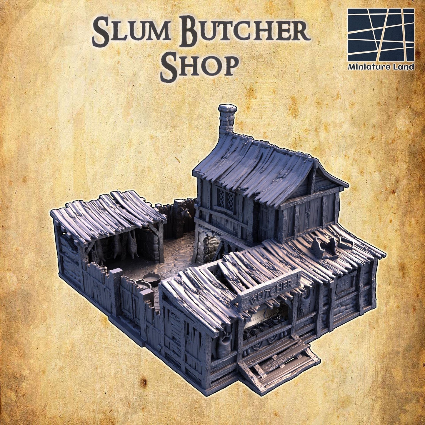 Slum Butcher Shop - Tabletop Terrain - 28 MM, Tabletop 3D Printed Terrain by MiniatureLand, Perfect for Wargaming and RPGs