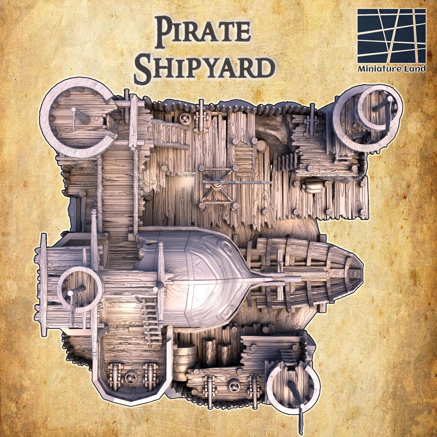 Pirate Shipyard - Tabletop Terrain - 28 MM, Tabletop 3D Printed Terrain by MiniatureLand, Perfect for Wargaming and RPGs