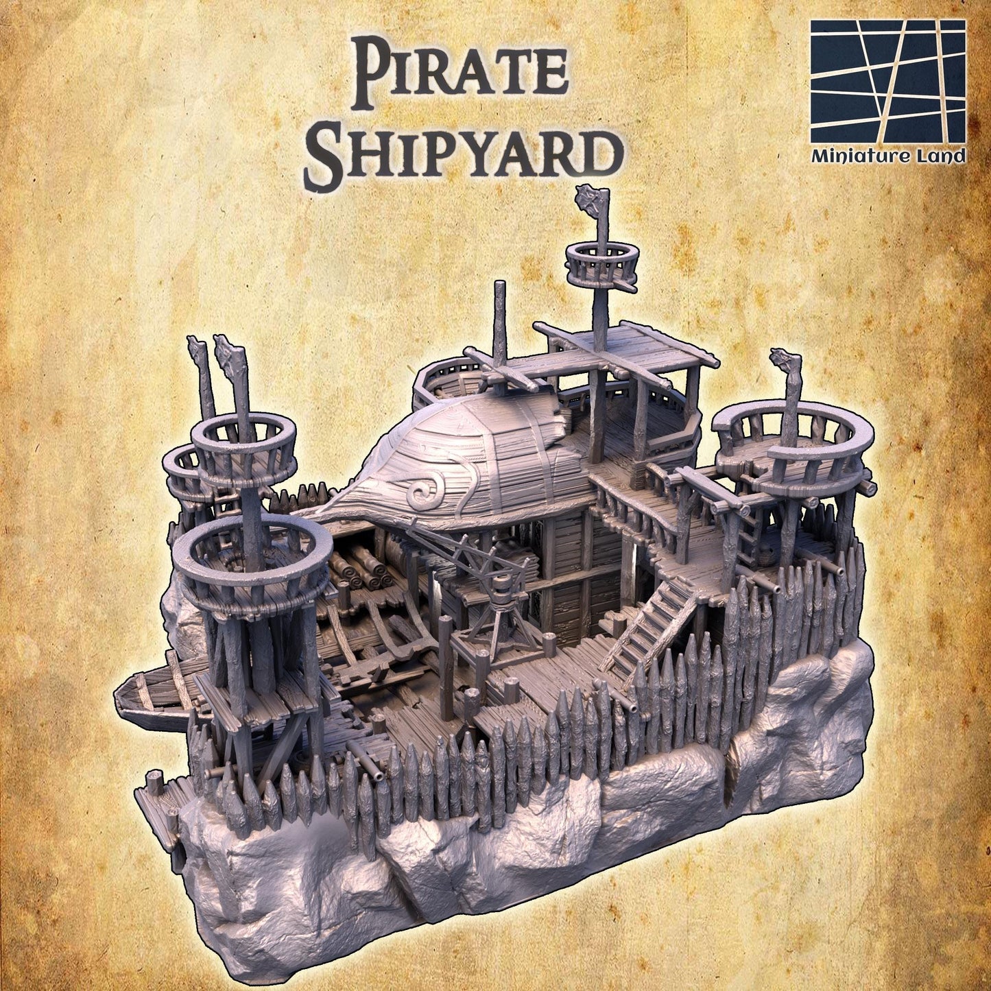 Pirate Shipyard - Tabletop Terrain - 28 MM, Tabletop 3D Printed Terrain by MiniatureLand, Perfect for Wargaming and RPGs