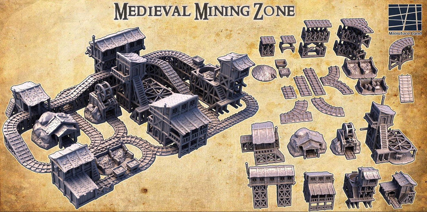 Medieval Mining Zone - Tabletop Terrain - 28 MM, Tabletop 3D Printed Terrain by MiniatureLand, Perfect for Wargaming and RPGs