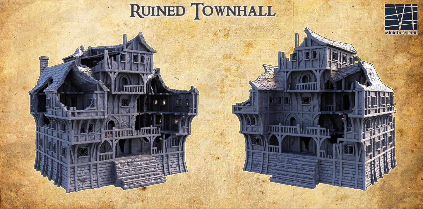 Ruined Townhall - Tabletop Terrain - 28 MM, Tabletop 3D Printed Terrain by MiniatureLand, Perfect for Wargaming and RPGs