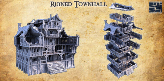 Ruined Townhall - Tabletop Terrain - 28 MM, Tabletop 3D Printed Terrain by MiniatureLand, Perfect for Wargaming and RPGs