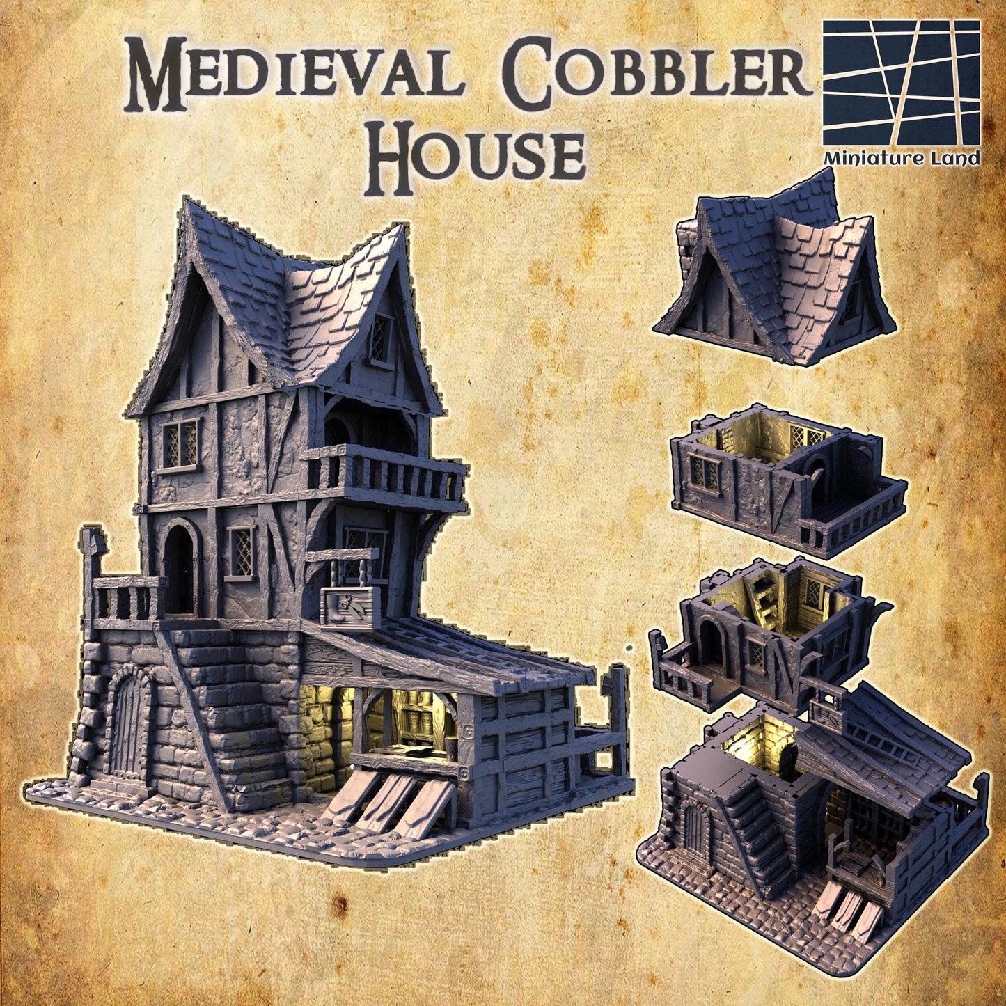Medieval Cobbler House - Tabletop Terrain - 28 MM, Tabletop 3D Printed Terrain by MiniatureLand, Perfect for Wargaming and RPGs