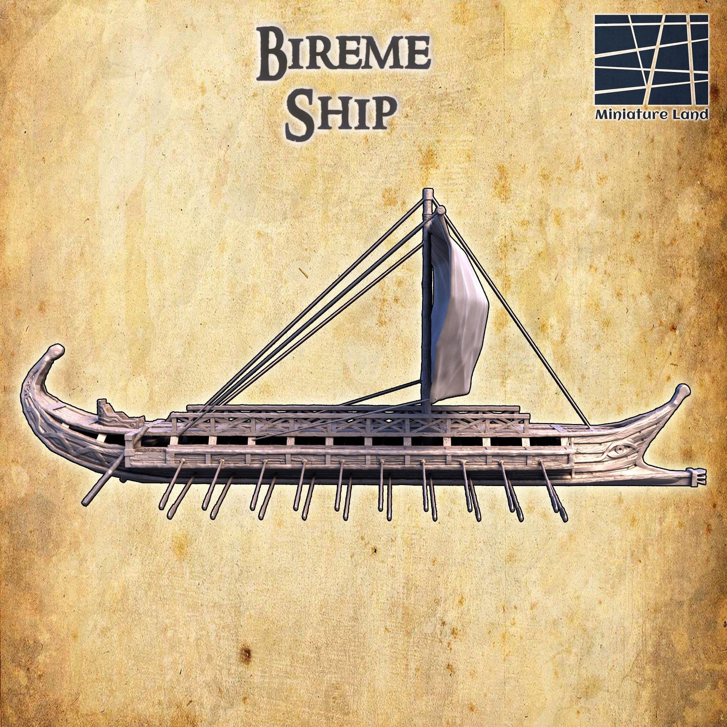 Bireme Ship - Tabletop Terrain - 28 MM, Tabletop 3D Printed Terrain by MiniatureLand, Perfect for Wargaming and RPGs