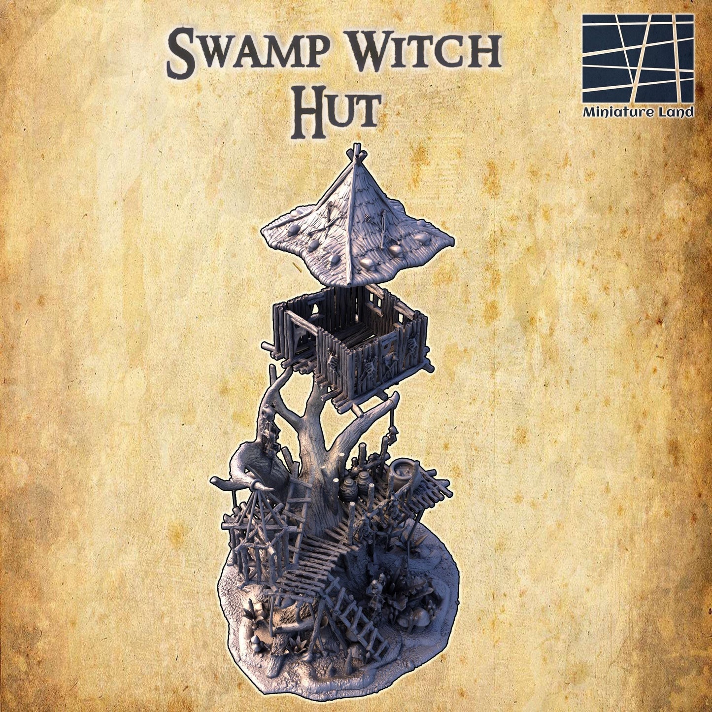 Swamp Witch Hut - Tabletop Terrain - 28 MM, Tabletop 3D Printed Terrain by MiniatureLand, Perfect for Wargaming and RPGs