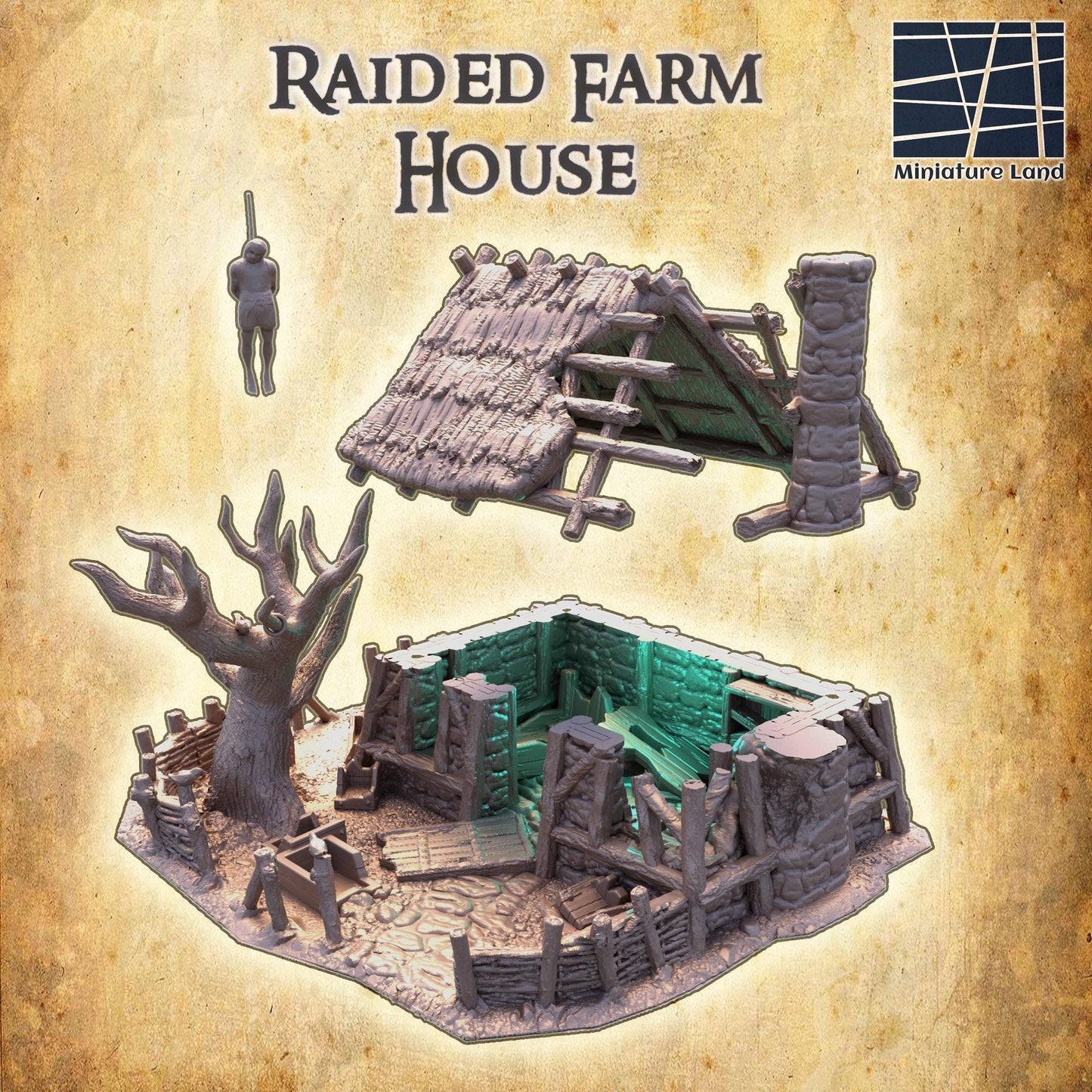 Raided Farm House - Tabletop Terrain - 28 MM, Tabletop 3D Printed Terrain by MiniatureLand, Perfect for Wargaming and RPGs