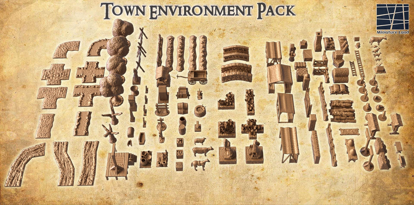 Town Environment Pack - Tabletop Terrain - 28 MM, Tabletop 3D Printed Terrain by MiniatureLand, Perfect for Wargaming and RPGs