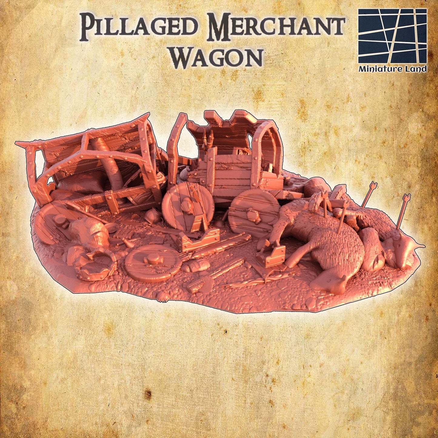Pillaged Merchant Wagon - Tabletop Terrain - 28 MM, Tabletop 3D Printed Terrain by MiniatureLand, Perfect for Wargaming and RPGs