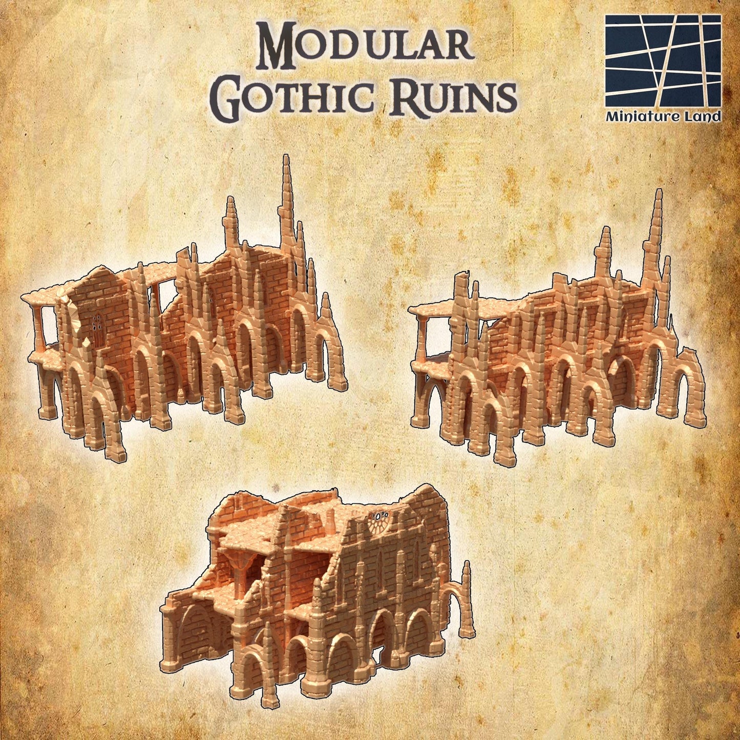 Modular Gothic Ruins - Tabletop Terrain - 28 MM, Tabletop 3D Printed Terrain by MiniatureLand, Perfect for Wargaming and RPGs