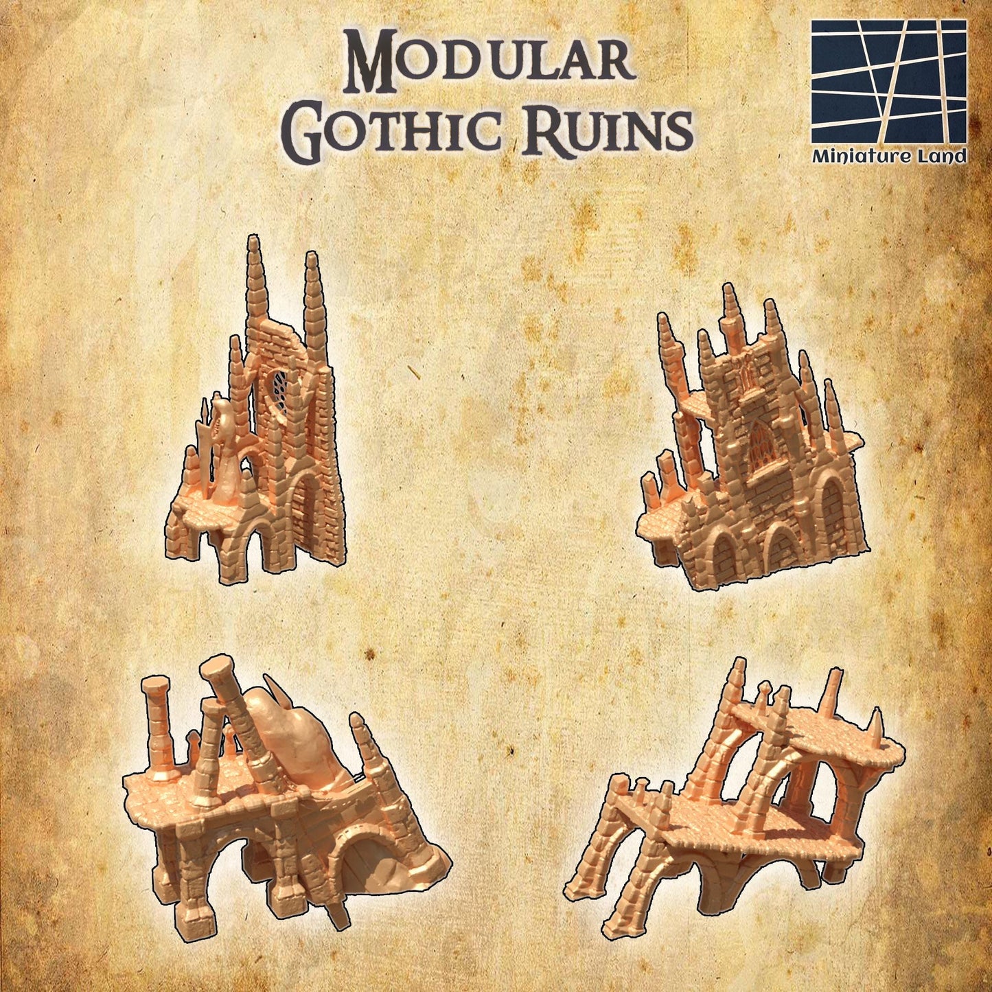 Modular Gothic Ruins - Tabletop Terrain - 28 MM, Tabletop 3D Printed Terrain by MiniatureLand, Perfect for Wargaming and RPGs