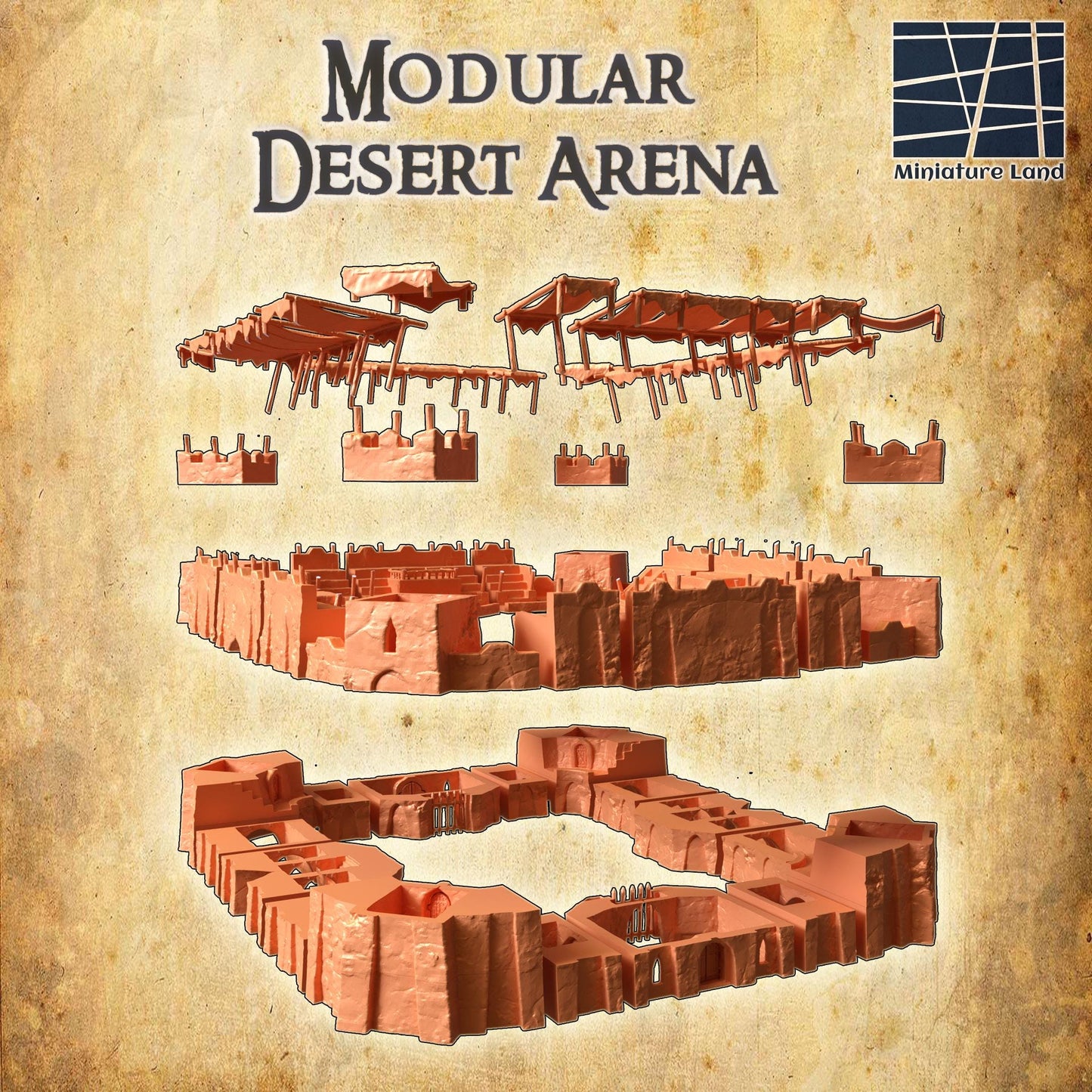 Small Desert Arena - Tabletop Terrain - 28 MM, Tabletop 3D Printed Terrain by MiniatureLand, Perfect for Wargaming and RPGs