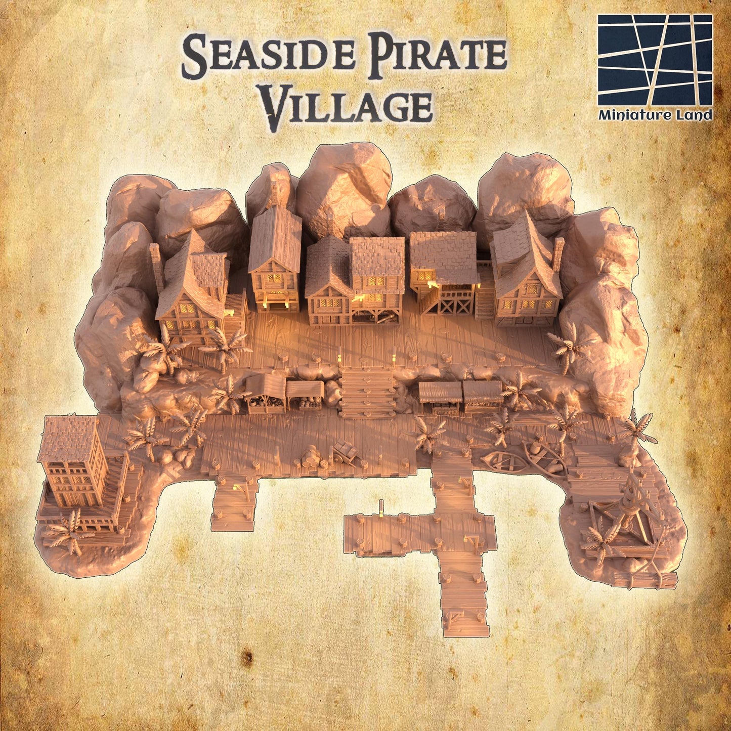 Seaside Pirate Village - Tabletop Terrain - 28 MM, Tabletop 3D Printed Terrain by MiniatureLand, Perfect for Wargaming and RPGs
