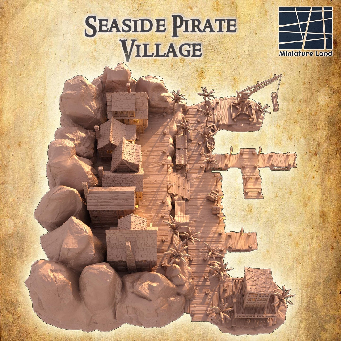Seaside Pirate Village - Tabletop Terrain - 28 MM, Tabletop 3D Printed Terrain by MiniatureLand, Perfect for Wargaming and RPGs
