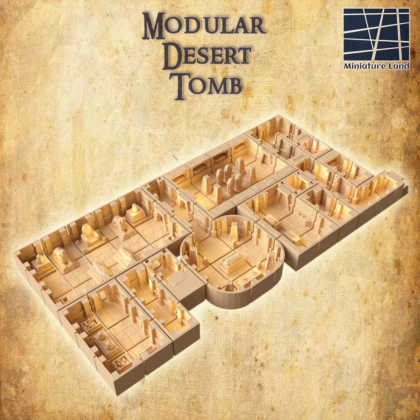 Modular Desert Tomb - Tabletop Terrain - 28 MM 3D Printed Terrain by MiniatureLand, Perfect for Wargaming and RPGs