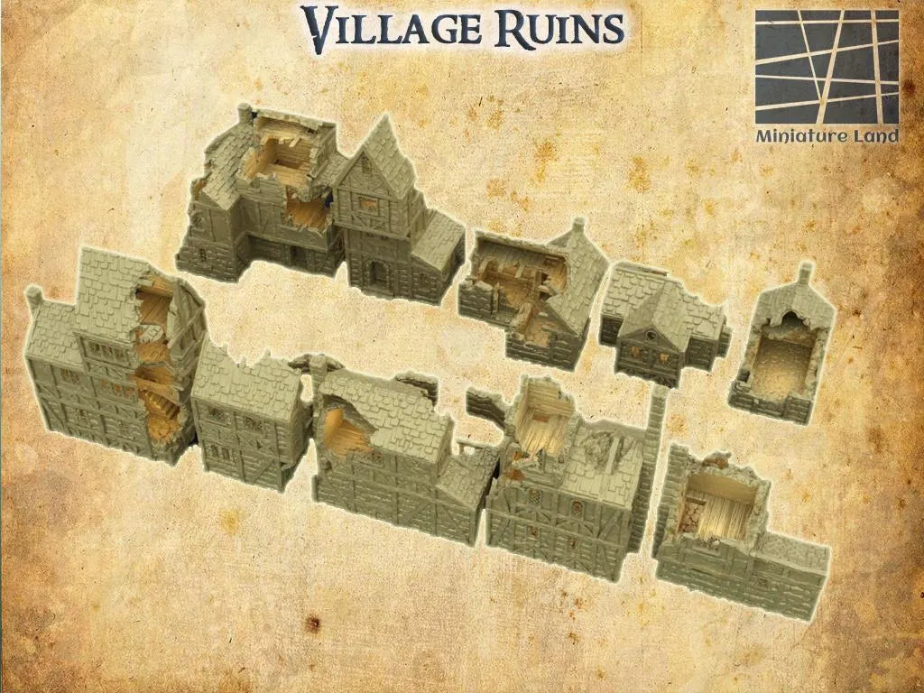 Village Ruins - Tabletop Terrain - 28 MM, Tabletop 3D Printed Terrain by MiniatureLand, Perfect for Wargaming and RPGs
