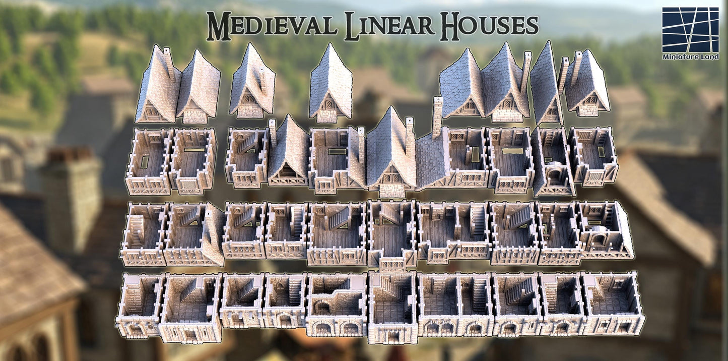 Medieval Linear Houses - Tabletop Terrain - 28 MM, Tabletop 3D Printed Terrain by MiniatureLand, Perfect for Wargaming and RPGs