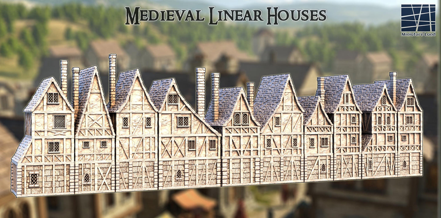 Medieval Linear Houses - Tabletop Terrain - 28 MM, Tabletop 3D Printed Terrain by MiniatureLand, Perfect for Wargaming and RPGs