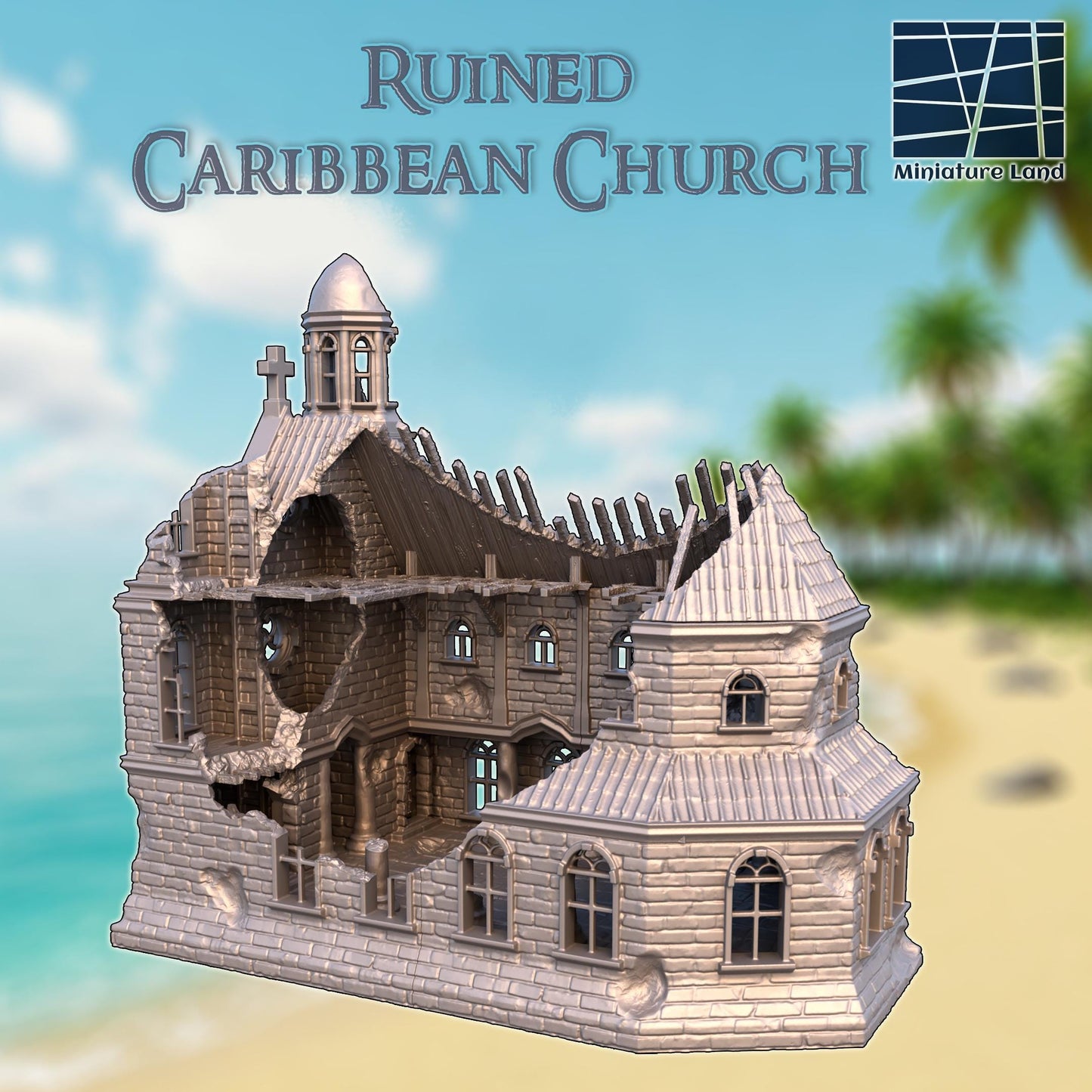 Ruined Caribbean Church - Tabletop Terrain - 28 MM, Tabletop 3D Printed Terrain by MiniatureLand, Perfect for Wargaming and RPGs