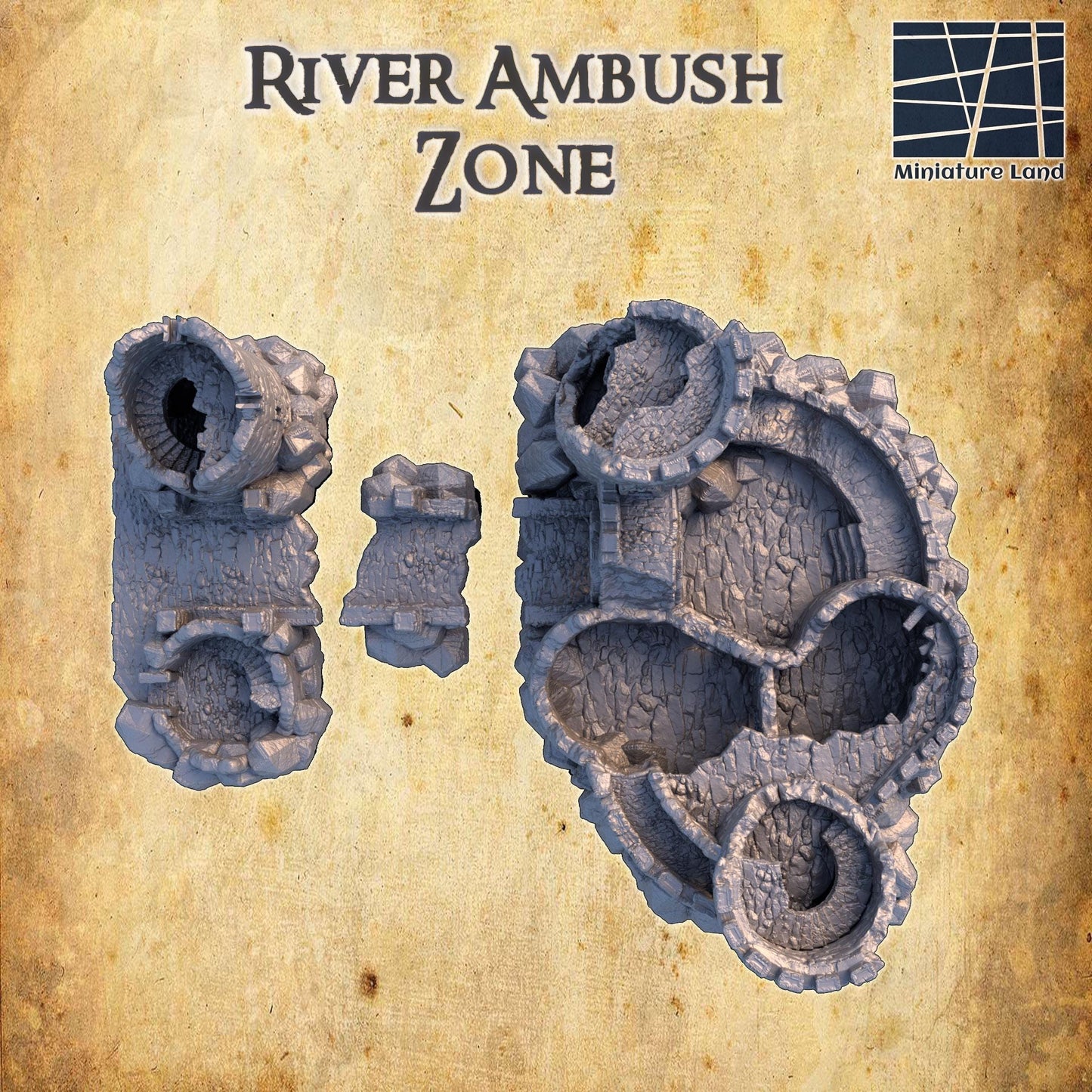 River Ambush Zone - Tabletop Terrain - 28 MM, Tabletop 3D Printed Terrain by MiniatureLand, Perfect for Wargaming and RPGs