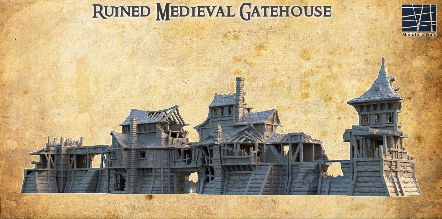 Ruined Medieval Gatehouse - Tabletop Terrain - 28 MM, Tabletop 3D Printed Terrain by MiniatureLand, Perfect for Wargaming and RPGs