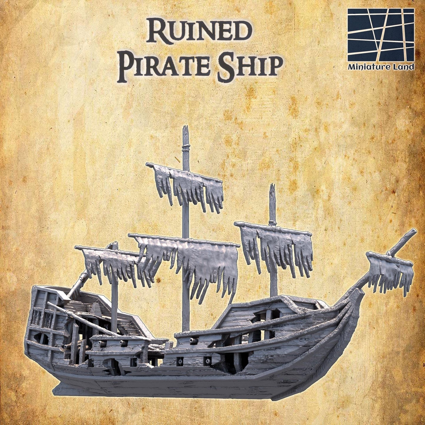 Ruined Pirate Ship - Tabletop Terrain - 28 MM, Tabletop 3D Printed Terrain by MiniatureLand, Perfect for Wargaming and RPGs