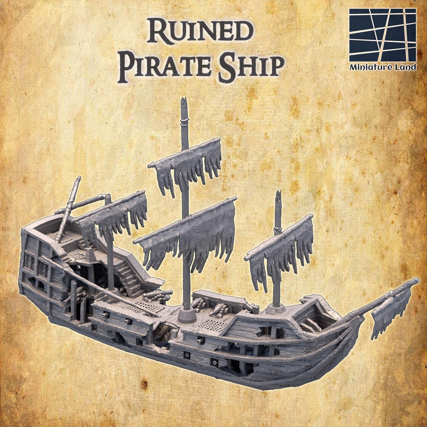 Ruined Pirate Ship - Tabletop Terrain - 28 MM, Tabletop 3D Printed Terrain by MiniatureLand, Perfect for Wargaming and RPGs