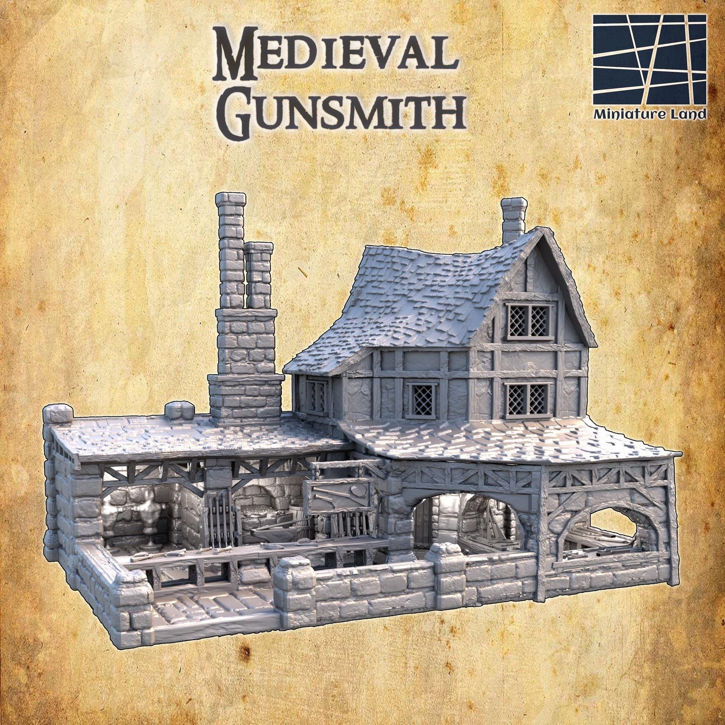 Medieval Gunsmith - Tabletop Terrain - 28 MM, Tabletop 3D Printed Terrain by MiniatureLand, Perfect for Wargaming and RPGs