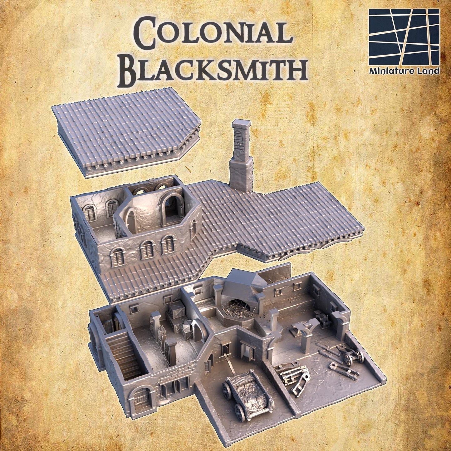 Colonial Blacksmith - Tabletop Terrain - 28 MM, Tabletop 3D Printed Terrain by MiniatureLand, Perfect for Wargaming and RPGs