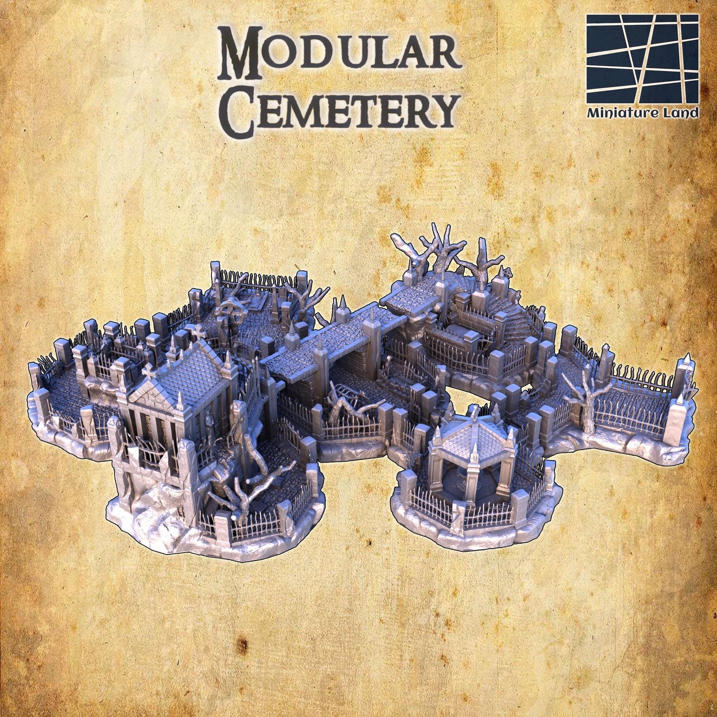 Modular Cemetery - Tabletop Terrain - 28 MM, Tabletop 3D Printed Terrain by MiniatureLand, Perfect for Wargaming and RPGs