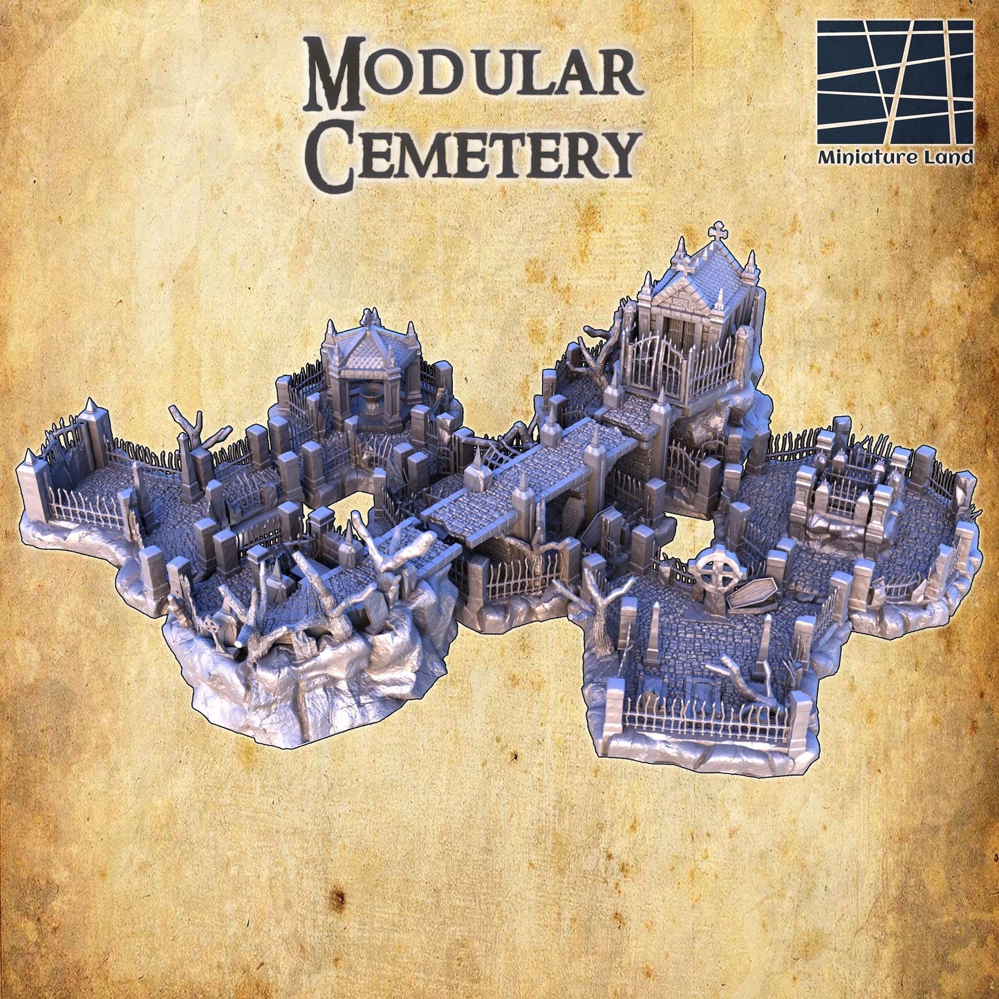 Modular Cemetery - Tabletop Terrain - 28 MM, Tabletop 3D Printed Terrain by MiniatureLand, Perfect for Wargaming and RPGs