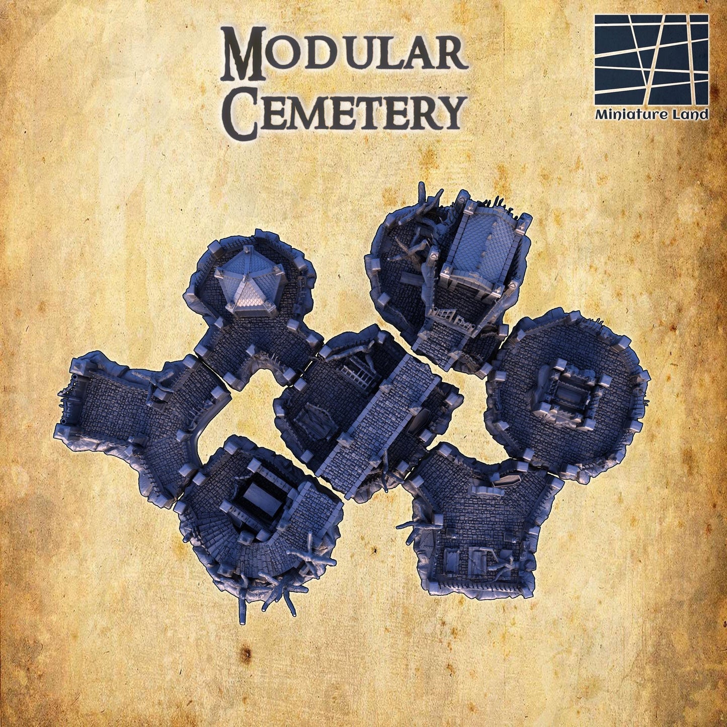 Modular Cemetery - Tabletop Terrain - 28 MM, Tabletop 3D Printed Terrain by MiniatureLand, Perfect for Wargaming and RPGs