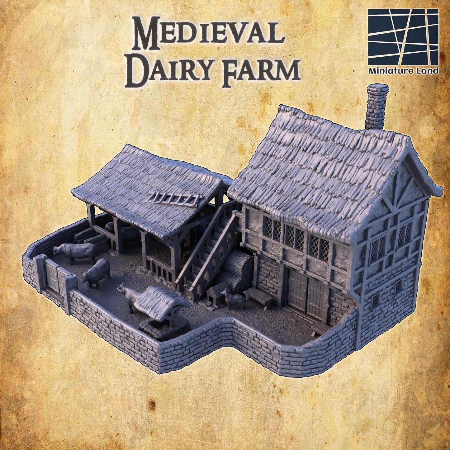 Medieval Dairy Farm- Tabletop Terrain - 28 MM, Tabletop 3D Printed Terrain by MiniatureLand, Perfect for Wargaming and RPGs