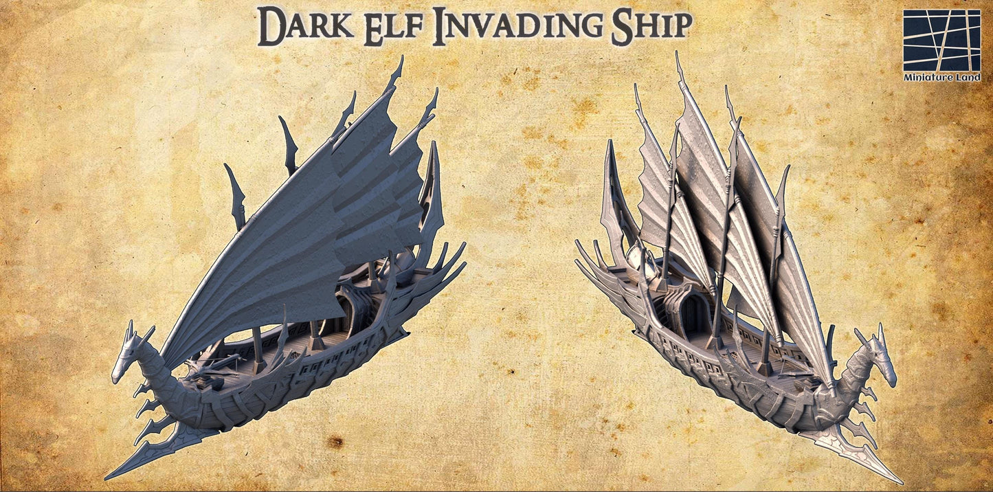 Dark Elf Invading Ship - Tabletop Terrain - 28 MM, Tabletop 3D Printed Terrain by MiniatureLand, Perfect for Wargaming and RPGs