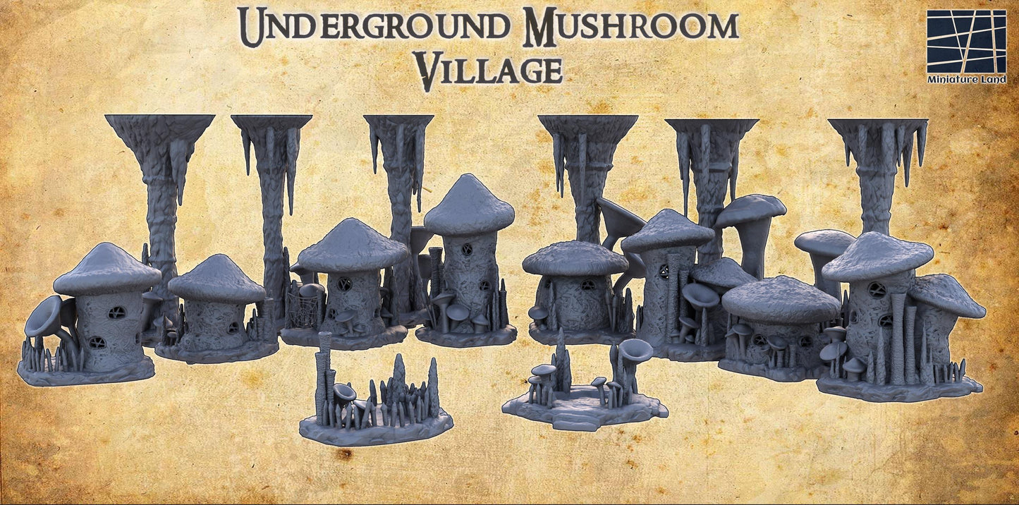 Underground Mushroom Village - Tabletop Terrain - 28 MM, Tabletop 3D Printed Terrain by MiniatureLand, Perfect for Wargaming and RPGs