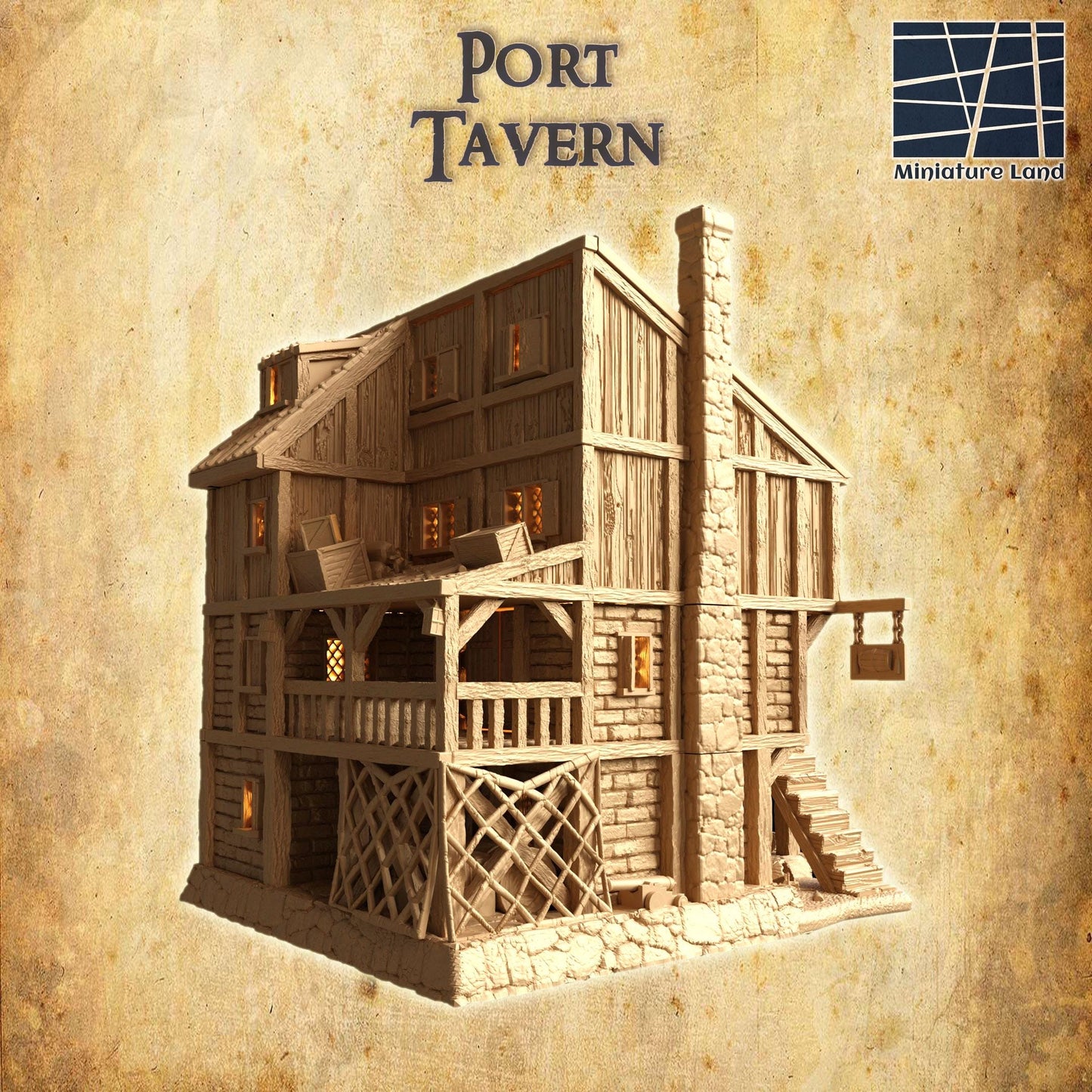 Port Tavern - Tabletop Terrain - 28 MM, Tabletop 3D Printed Terrain by MiniatureLand, Perfect for Wargaming and RPGs