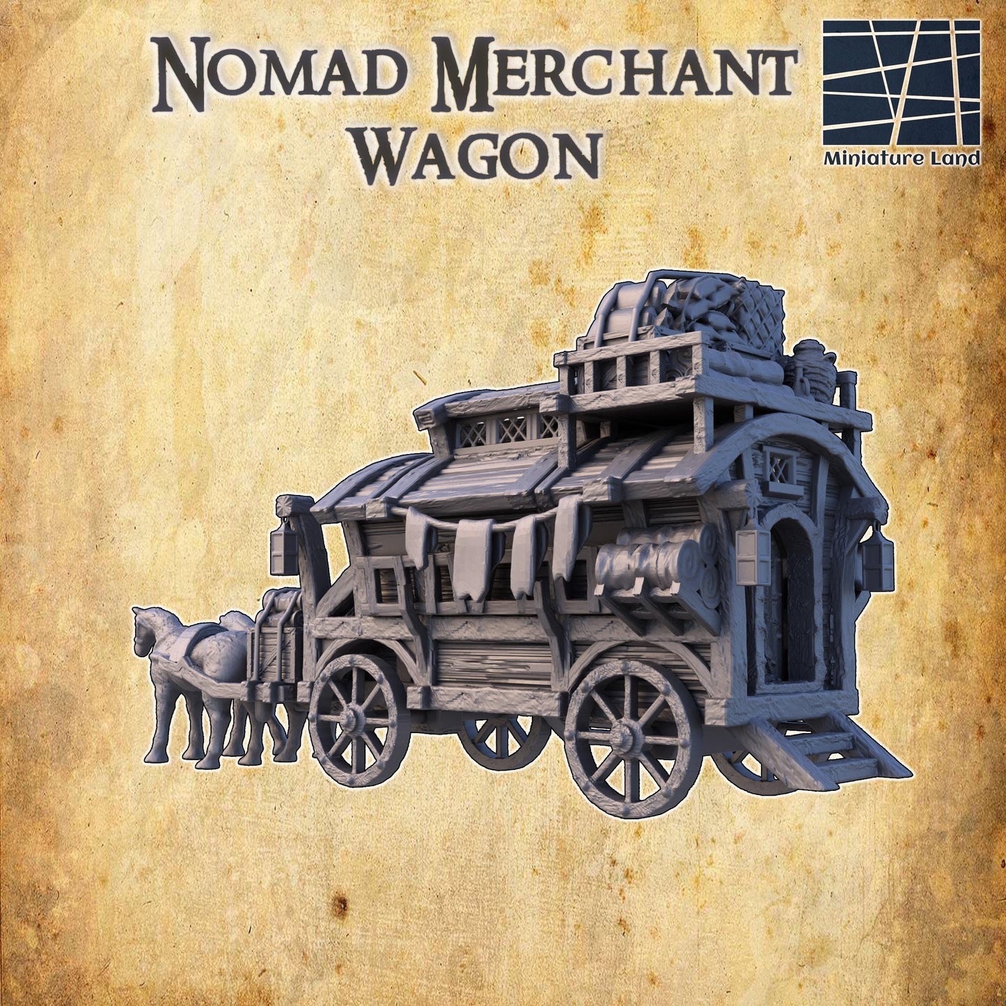 Nomad Merchant Wagon - Tabletop Terrain - 28 MM, Tabletop 3D Printed Terrain by MiniatureLand, Perfect for Wargaming and RPGs