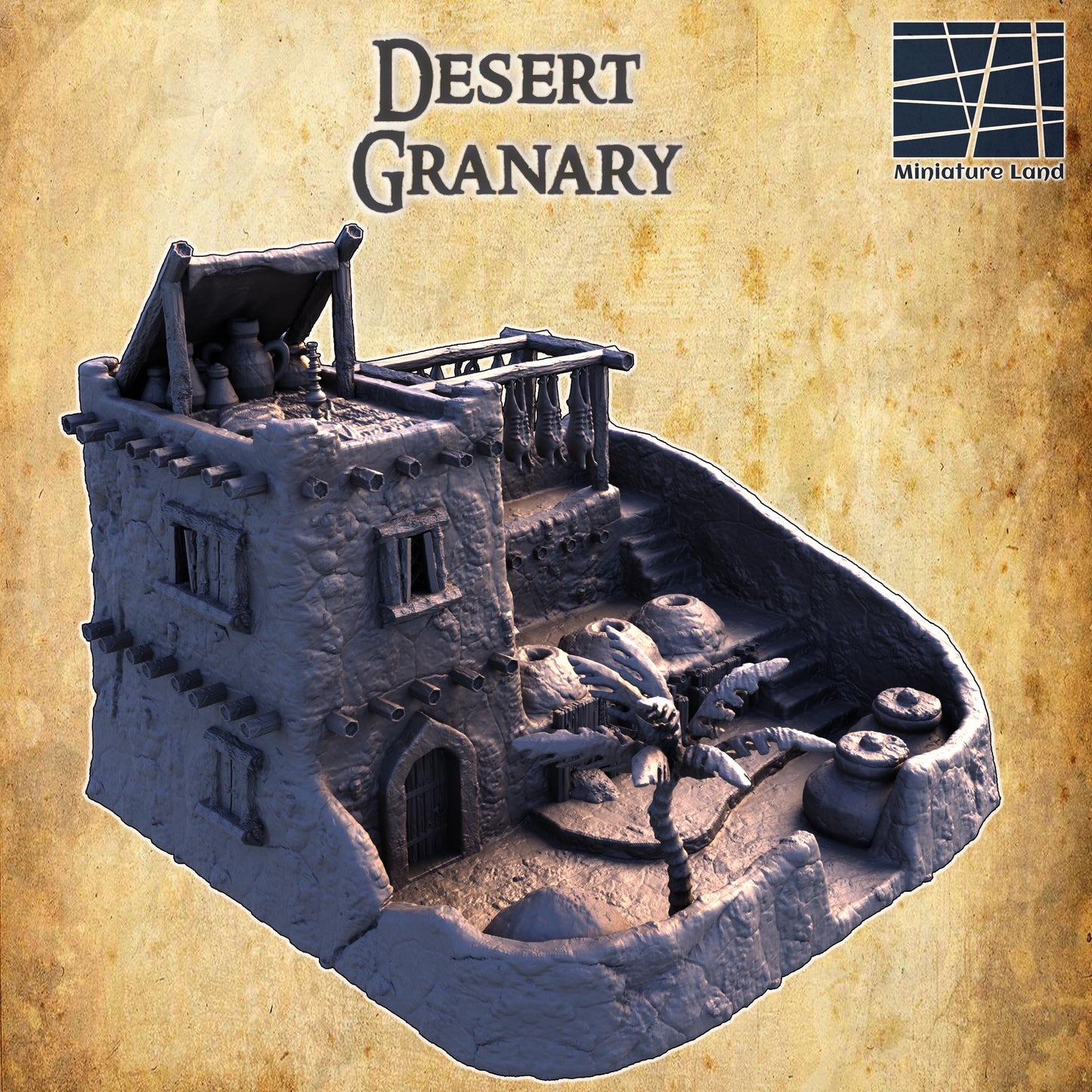 Desert Granary - Tabletop Terrain - 28 MM Tabletop 3D Printed Terrain by MiniatureLand, Perfect for Wargaming and RPGs