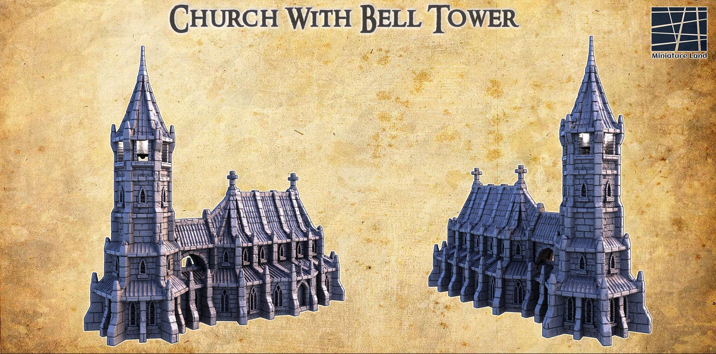 Church With Bell Tower - Tabletop Terrain - 28 MM, Tabletop 3D Printed Terrain by MiniatureLand, Perfect for Wargaming and RPGs