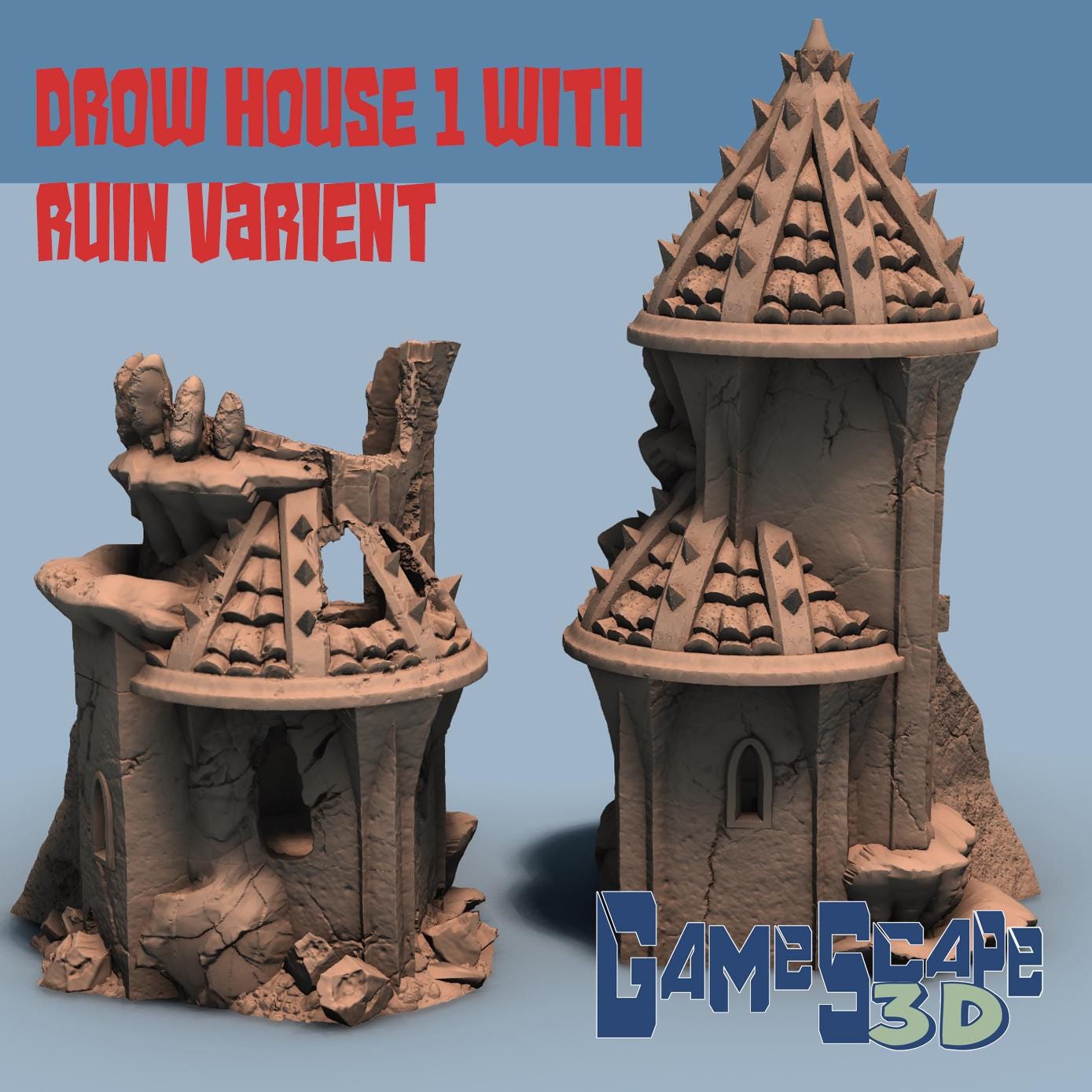 Drow Houses, Drow Town set by GameScape3D - 3D Printed Tabletop Terrain, Perfect for Wargames, Board Games, Role Playing Games