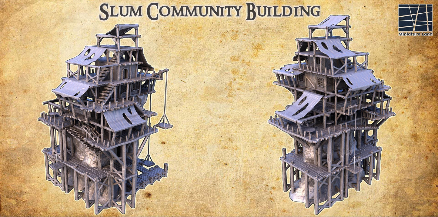 Slum Community Building - Tabletop Terrain - 28 MM, Tabletop 3D Printed Terrain by MiniatureLand, Perfect for Wargaming and RPGs