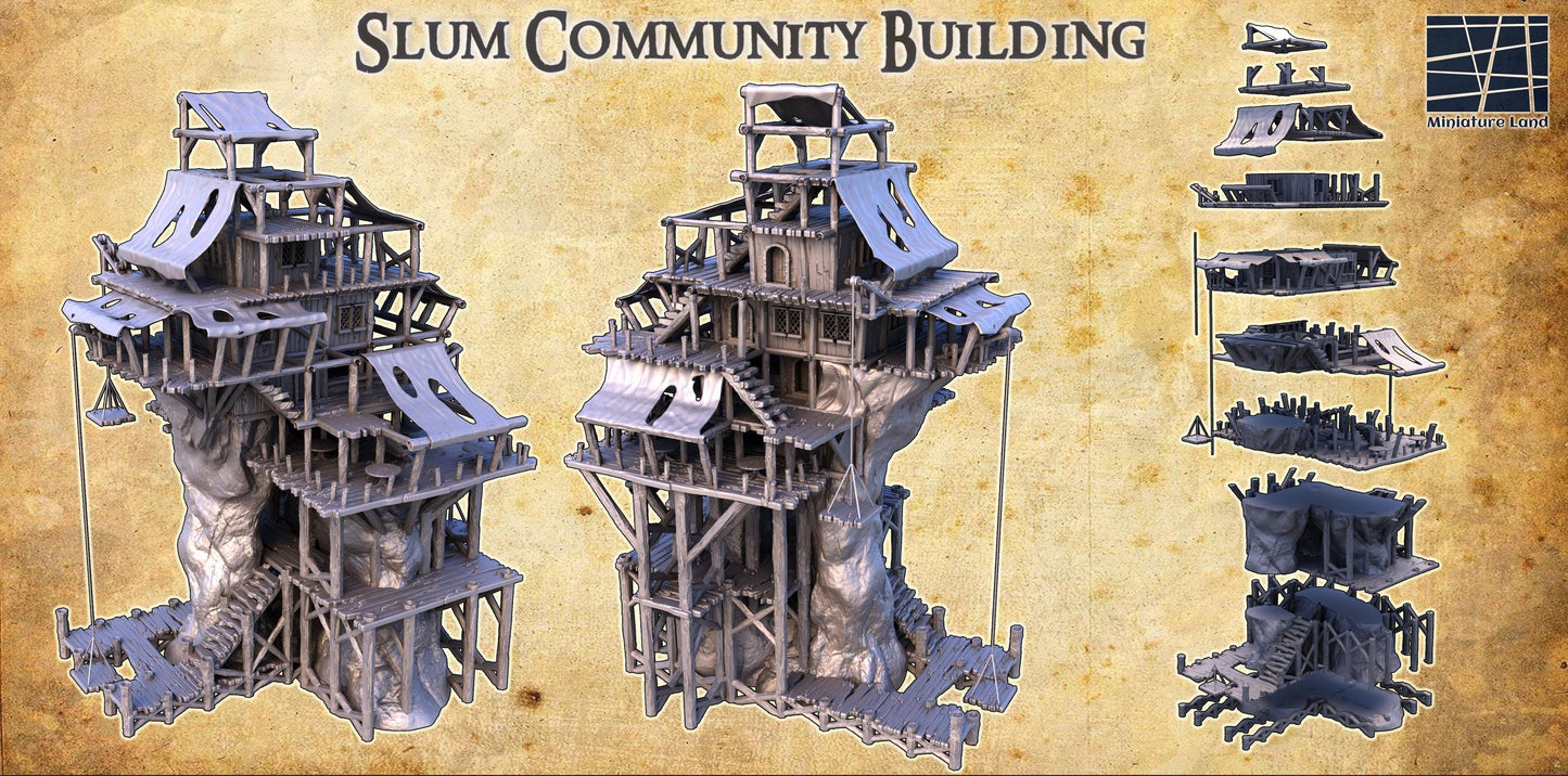Slum Community Building - Tabletop Terrain - 28 MM, Tabletop 3D Printed Terrain by MiniatureLand, Perfect for Wargaming and RPGs