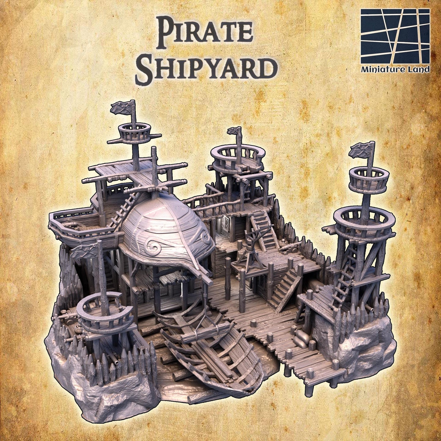 Pirate Shipyard - Tabletop Terrain - 28 MM, Tabletop 3D Printed Terrain by MiniatureLand, Perfect for Wargaming and RPGs
