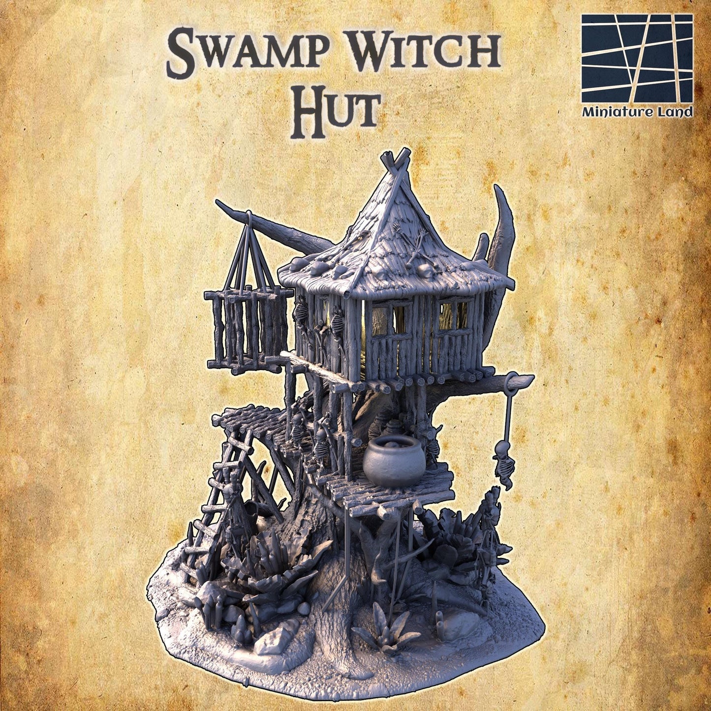 Swamp Witch Hut - Tabletop Terrain - 28 MM, Tabletop 3D Printed Terrain by MiniatureLand, Perfect for Wargaming and RPGs