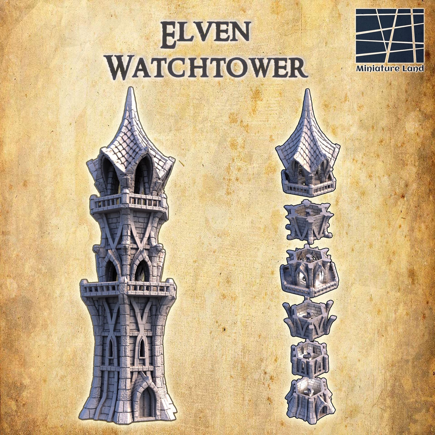 Elven Watchtower - Tabletop Terrain - 28 MM, Tabletop 3D Printed Terrain by MiniatureLand, Perfect for Wargaming and RPGs