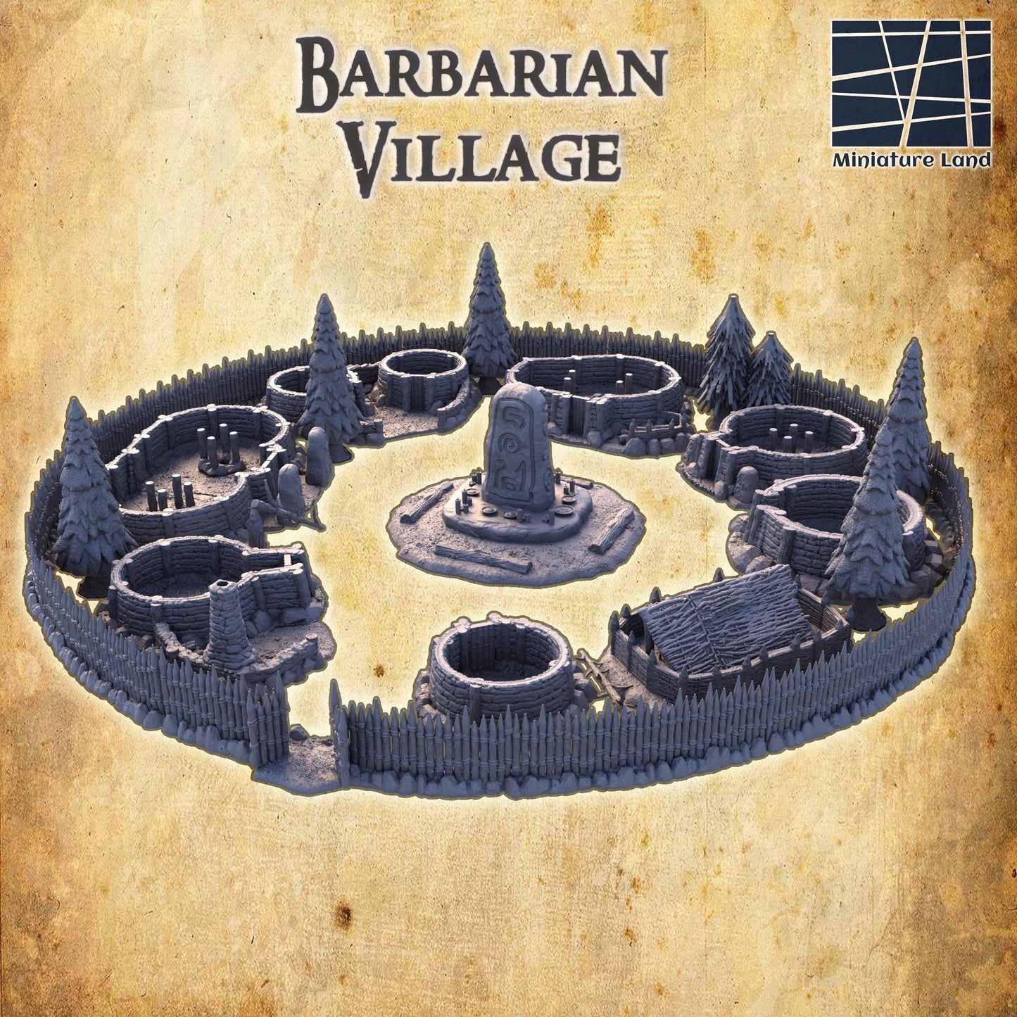 Barbarian Village - Tabletop Terrain - 28 MM, Tabletop 3D Printed Terrain by MiniatureLand, Perfect for Wargaming and RPGs