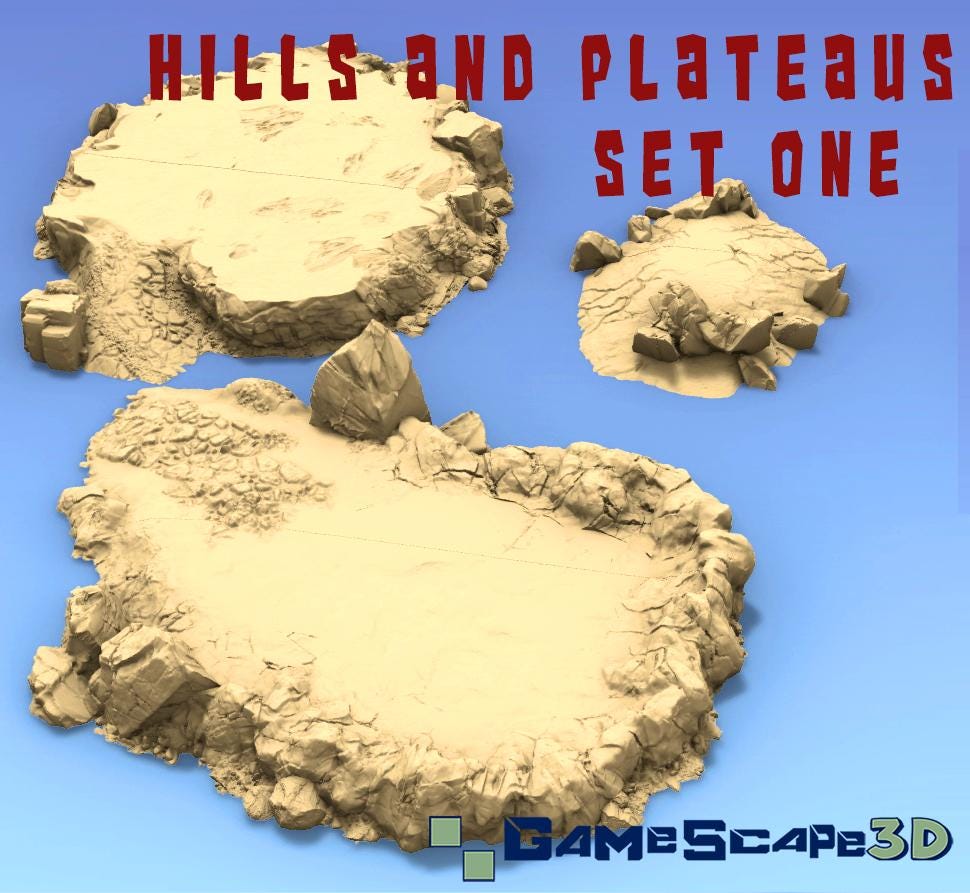 Hills and Plateaus Set 1 by GameScape3D - 3D Printed Tabletop Terrain, Perfect for Wargames, Role playing games, Tabletop games
