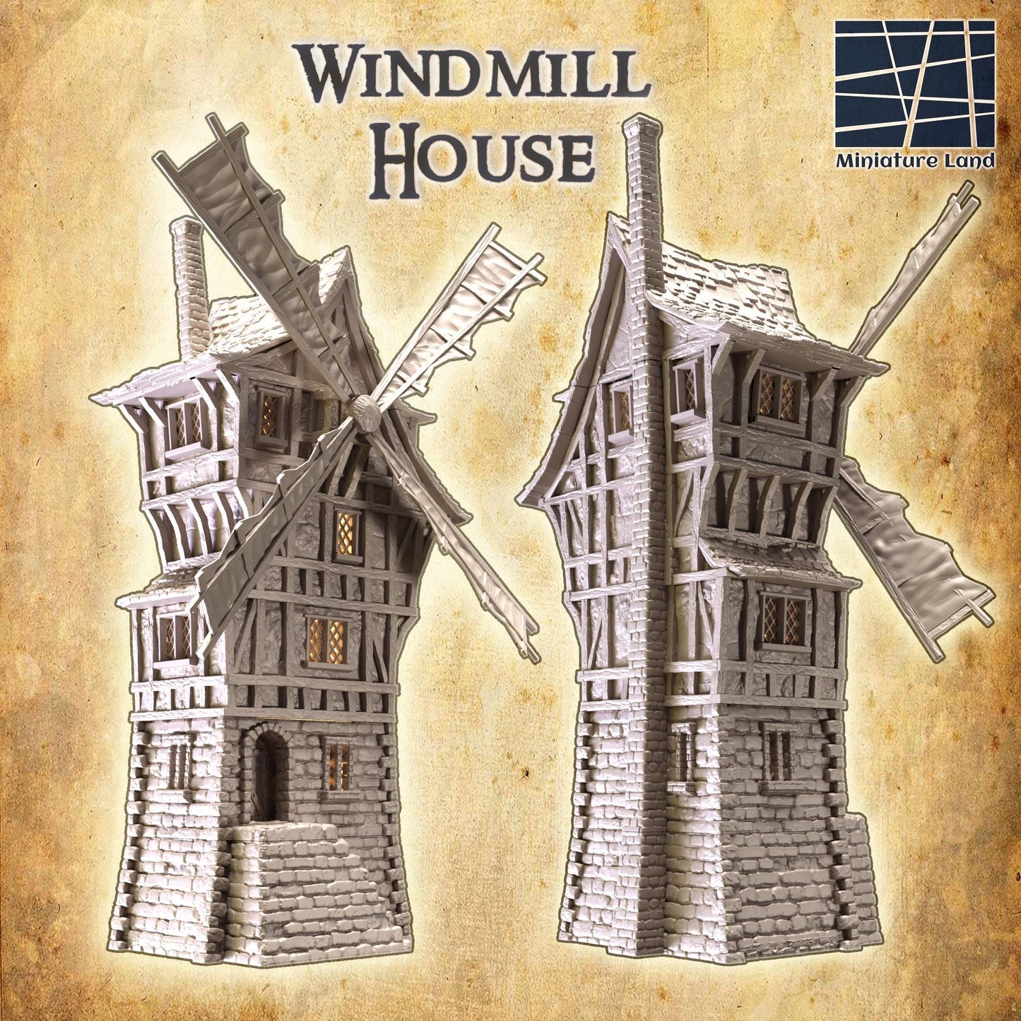 Windmill House - Tabletop Terrain - 28 MM, Tabletop 3D Printed Terrain by MiniatureLand, Perfect for Wargaming and RPGs